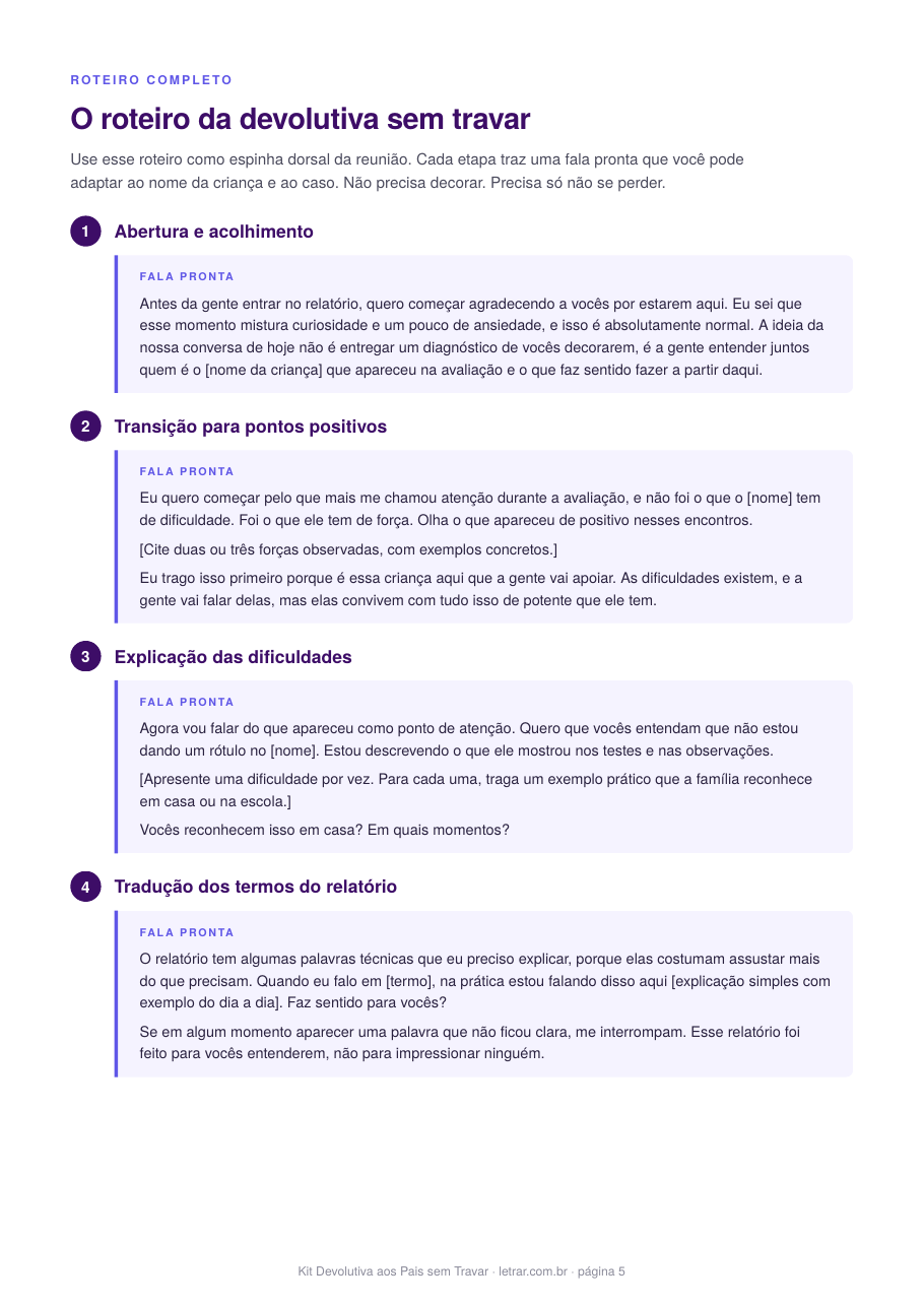 Página do Kit com o roteiro da devolutiva