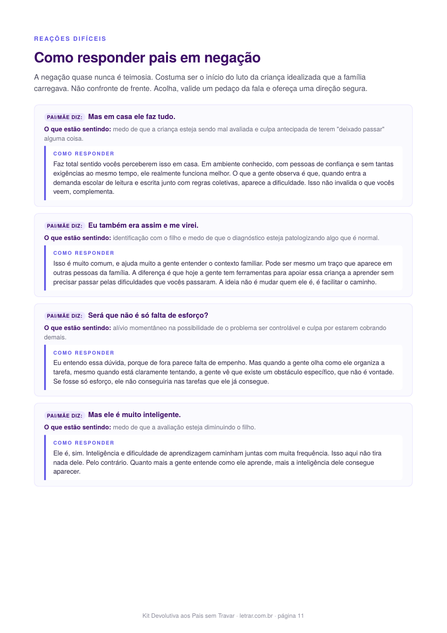 Página do Kit com respostas para reações dos pais